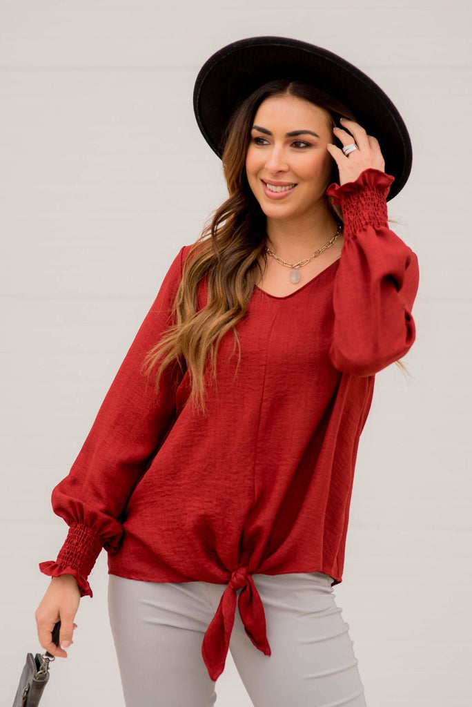 Elegant Tied Cinched Sleeve Blouse - Betsey's Boutique Shop