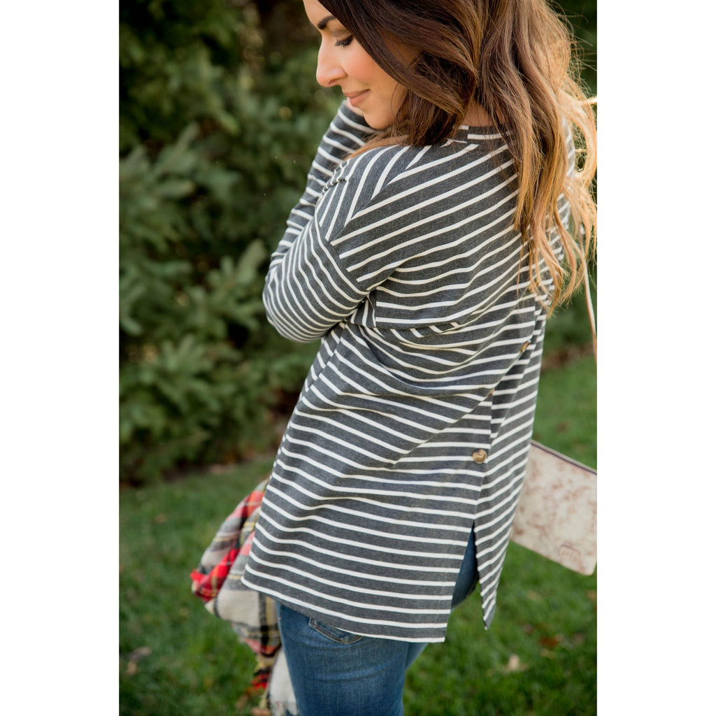 Striped Button Back Slit Tee - Betsey's Boutique Shop