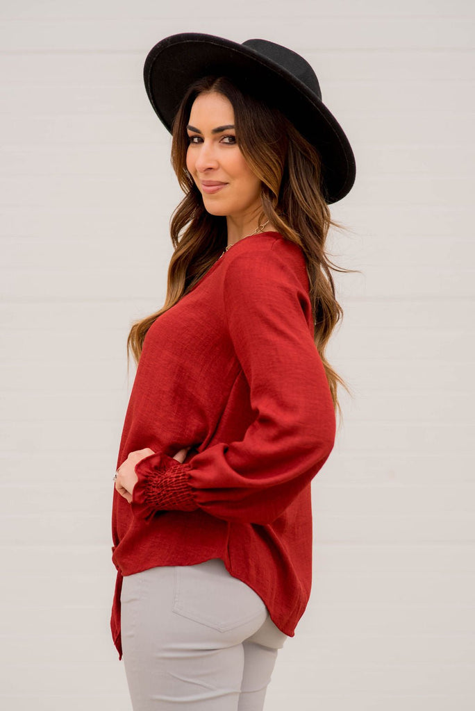 Elegant Tied Cinched Sleeve Blouse - Betsey's Boutique Shop