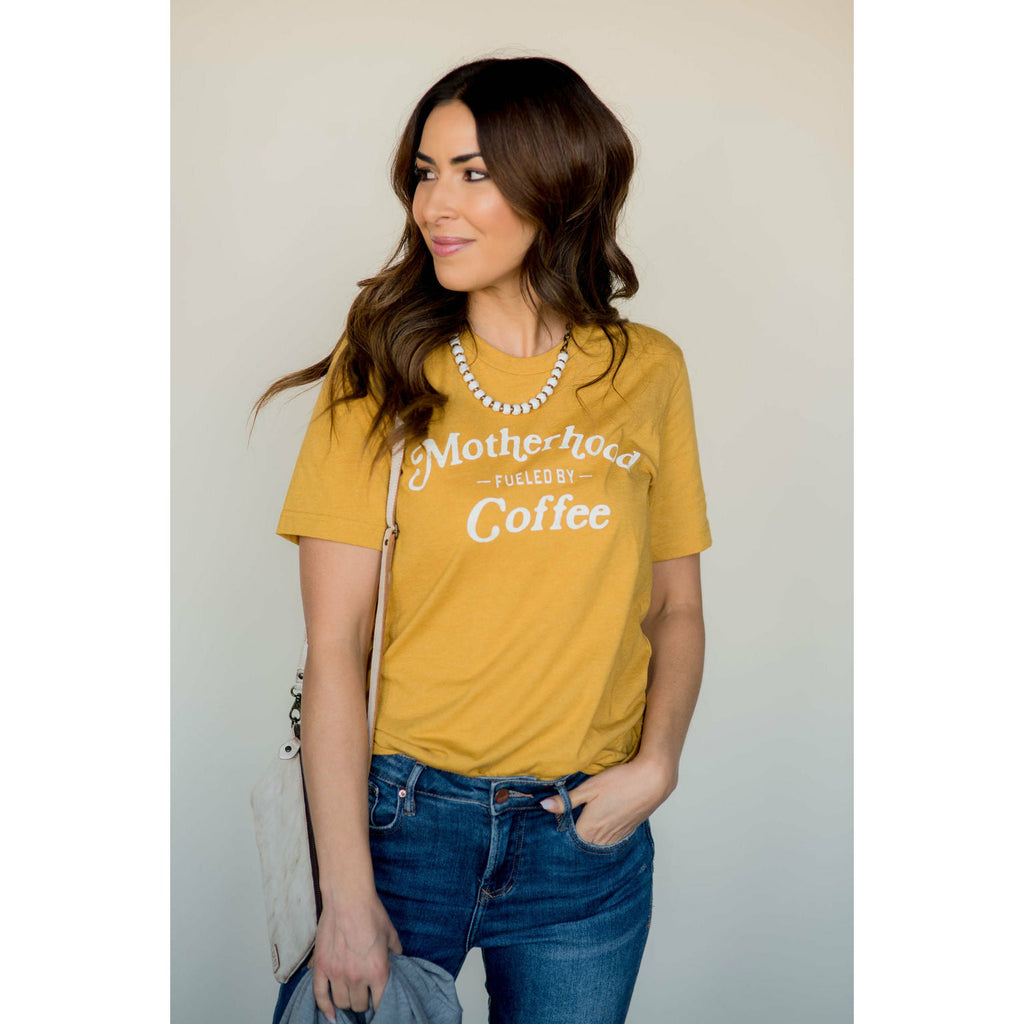 Motherhood Fueled By Coffee Graphic Tee - Betsey's Boutique Shop