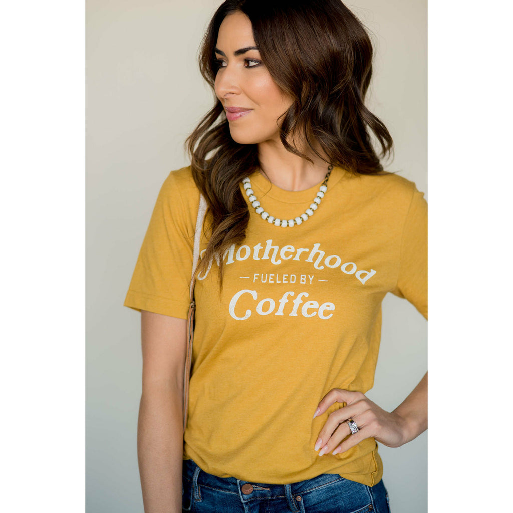 Motherhood Fueled By Coffee Graphic Tee - Betsey's Boutique Shop