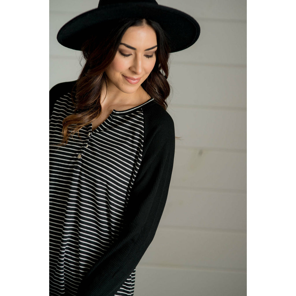 Striped Thermal Sleeve Button Henley - Betsey's Boutique Shop