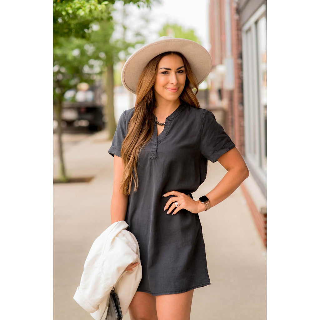 Cuffed Sleeve V-Neck Shirt Dress - Betsey's Boutique Shop