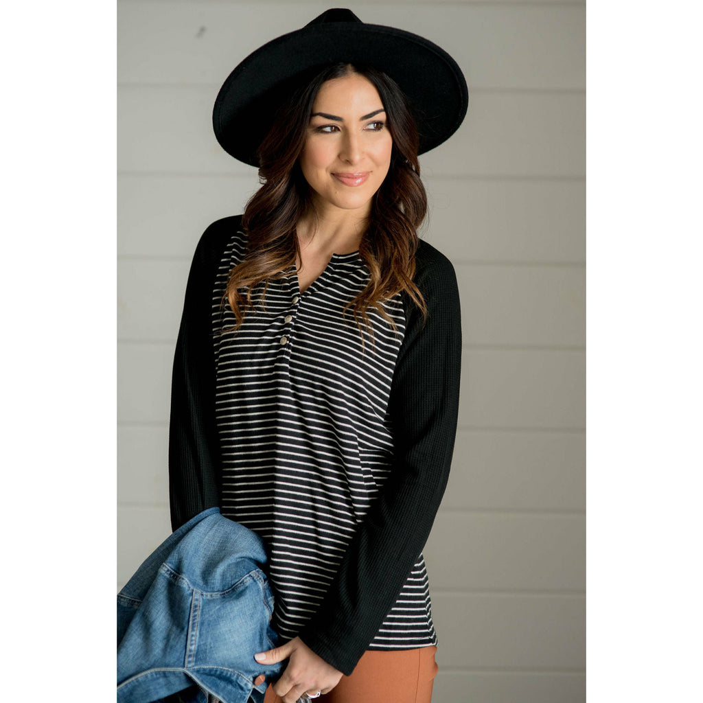 Striped Thermal Sleeve Button Henley - Betsey's Boutique Shop