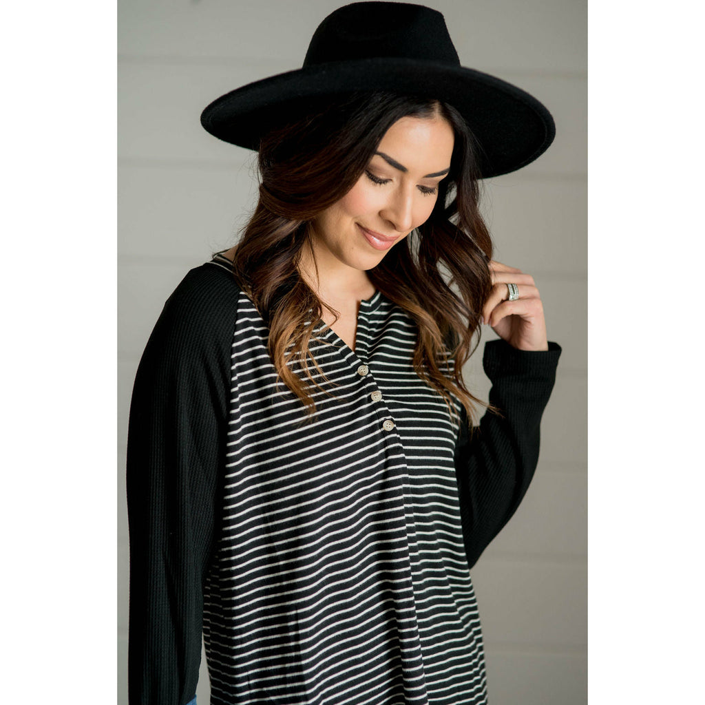 Striped Thermal Sleeve Button Henley - Betsey's Boutique Shop