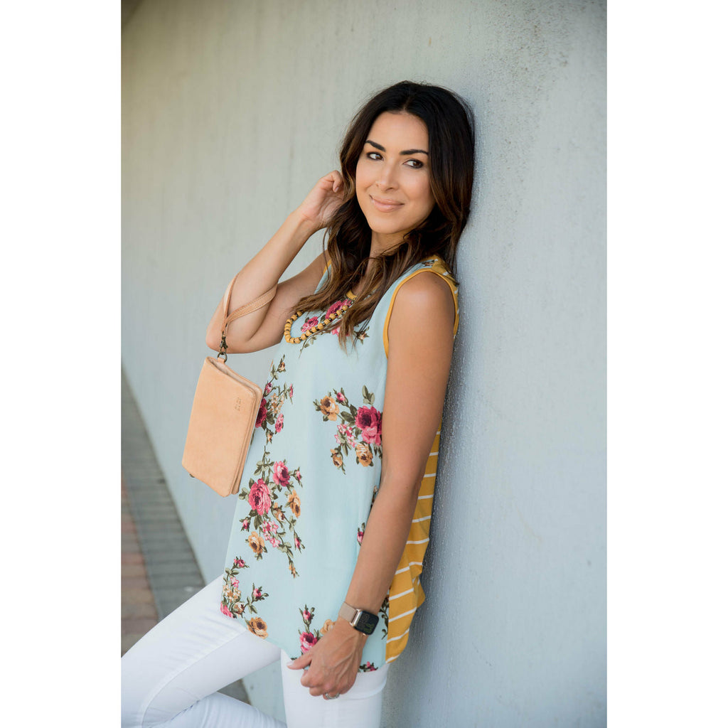 Floral Front Striped Back Tank - Betsey's Boutique Shop