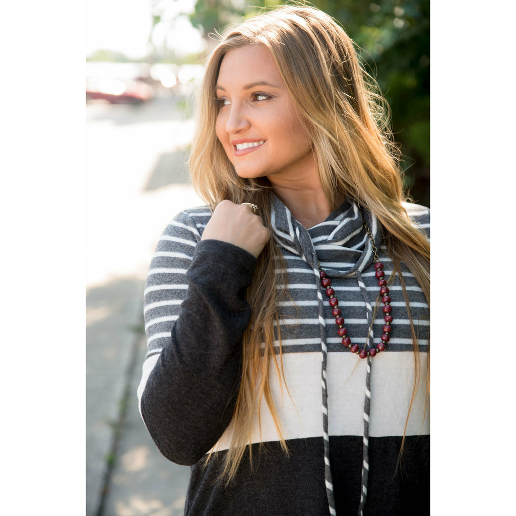 Grey Striped Cowl Neck Sweatshirt - Betsey's Boutique Shop