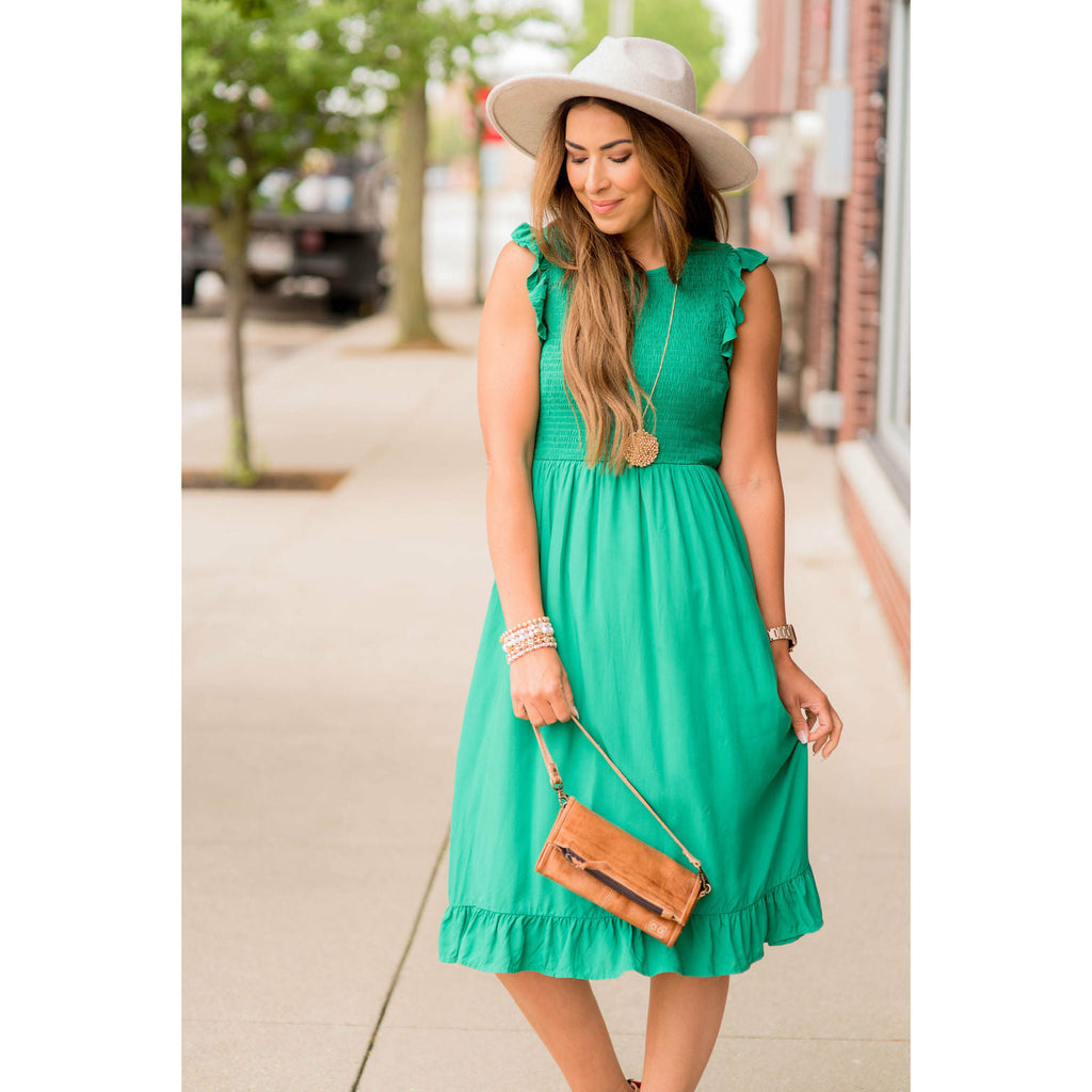 Smocked Accent Ruffle Trim Midi Dress - Betsey's Boutique Shop