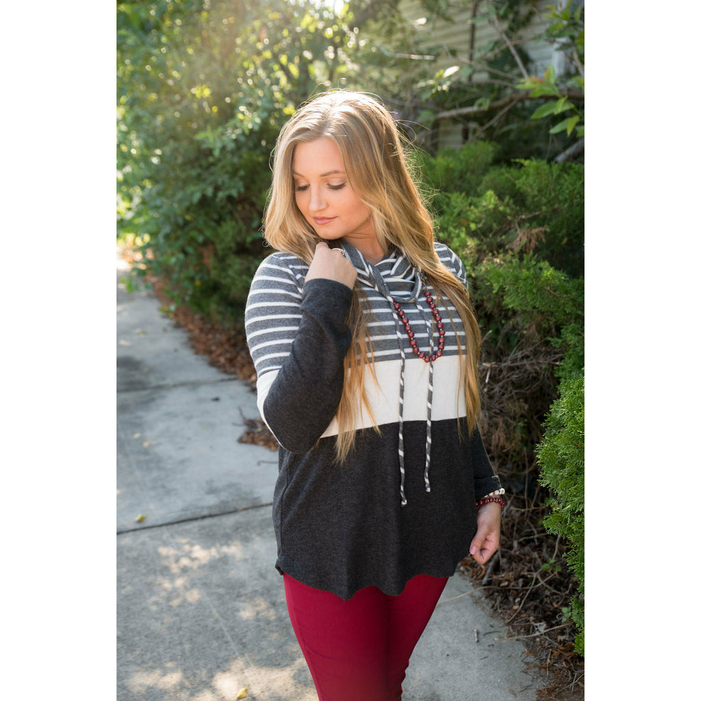 Grey Striped Cowl Neck Sweatshirt - Betsey's Boutique Shop