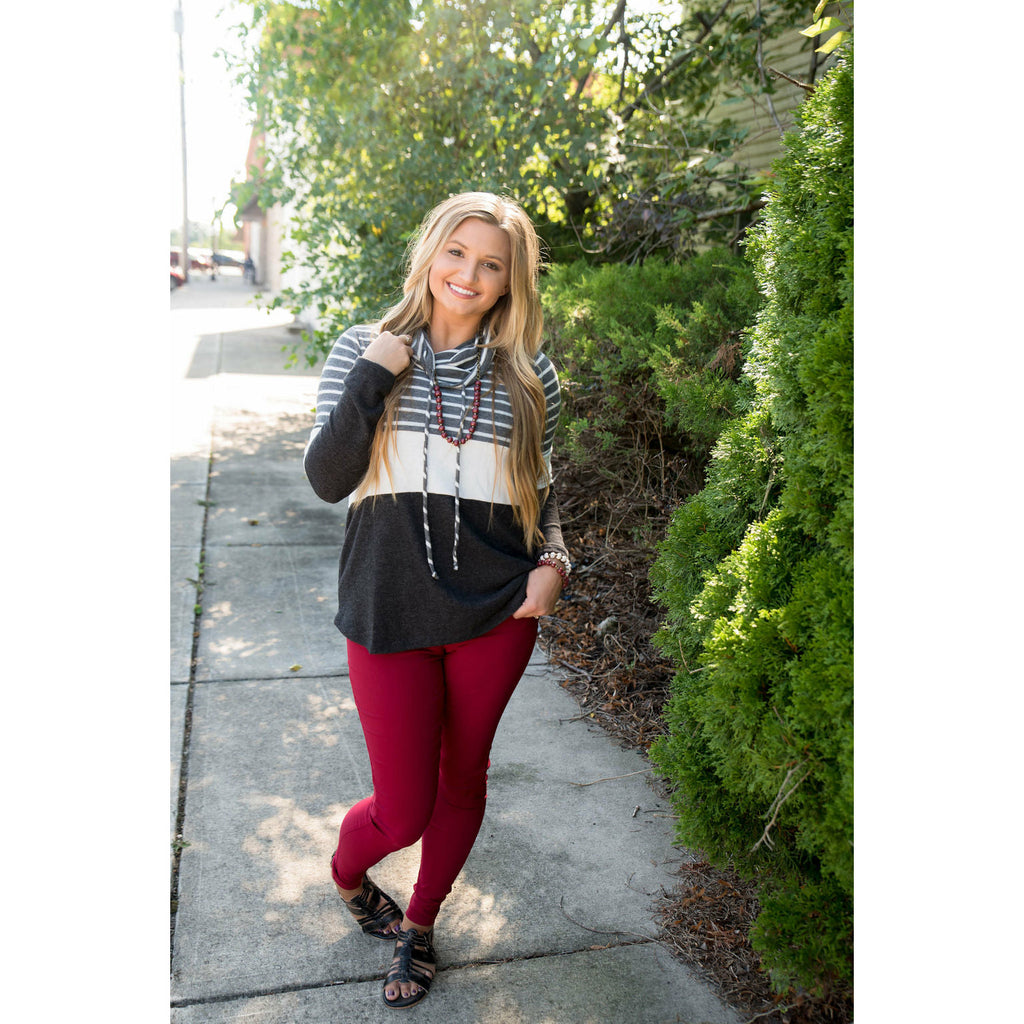 Grey Striped Cowl Neck Sweatshirt - Betsey's Boutique Shop