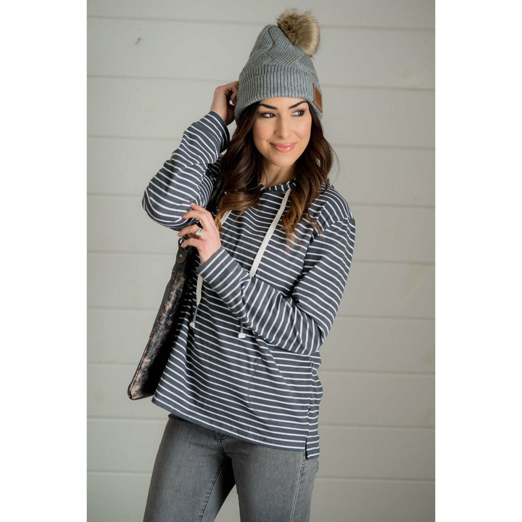 Striped Pocket Hoodie - Charcoal - Betsey's Boutique Shop