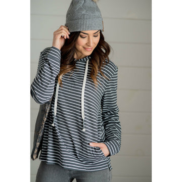 Striped Pocket Hoodie - Charcoal - Betsey's Boutique Shop