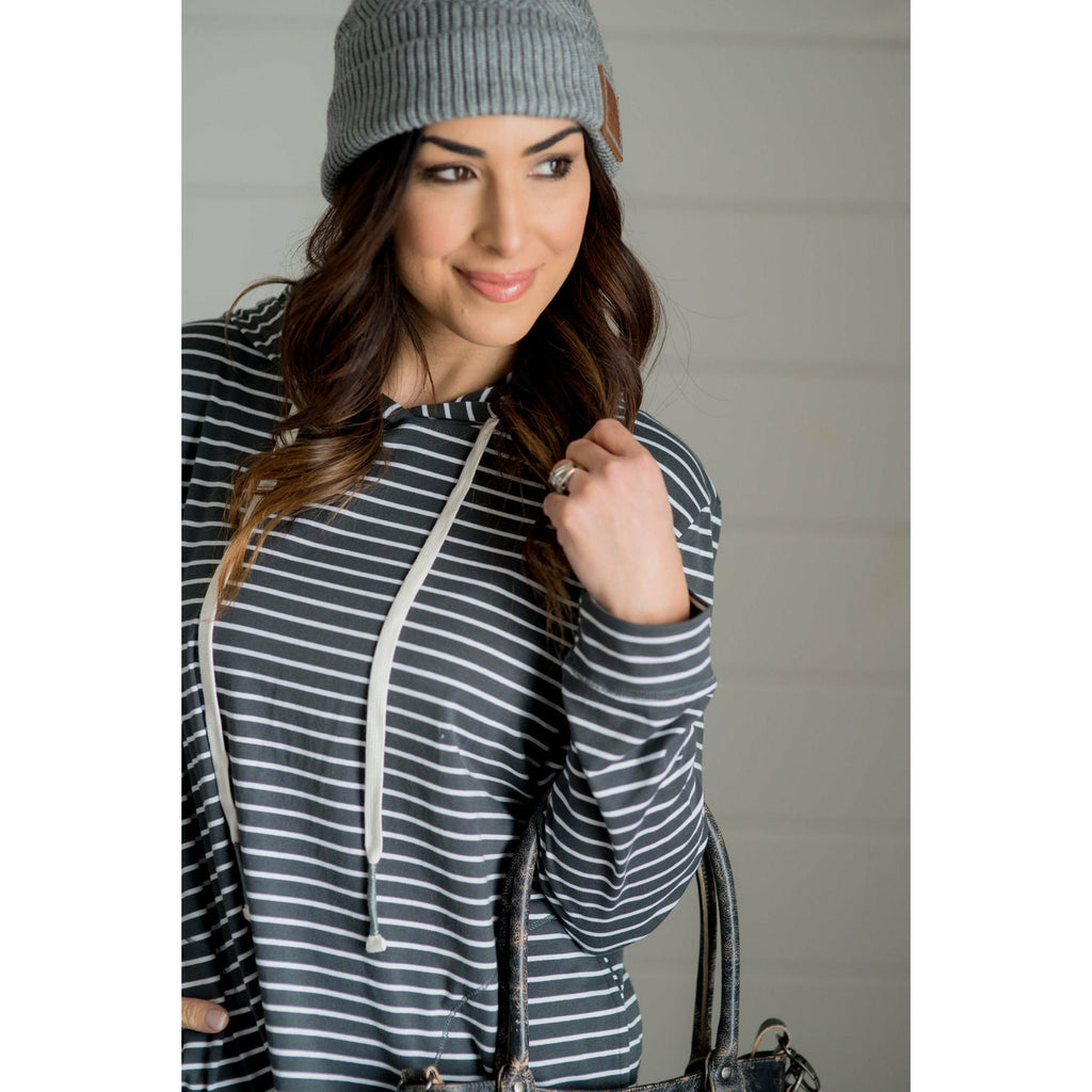 Striped Pocket Hoodie - Charcoal - Betsey's Boutique Shop