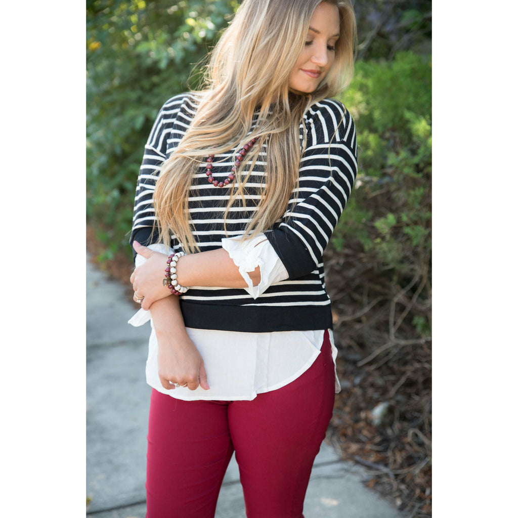 White Striped Blouse Bottom Sweatshirt - Betsey's Boutique Shop