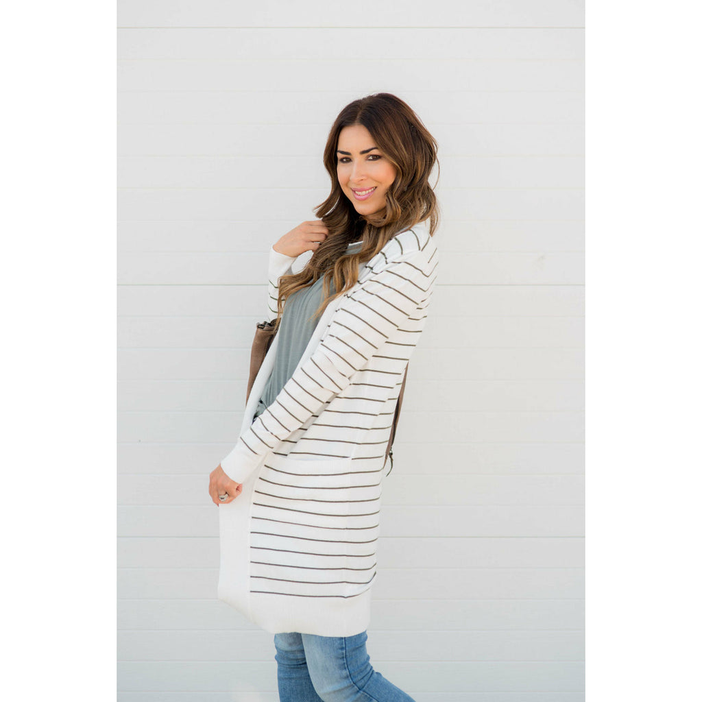 Thin Striped Cardigan-White - Betsey's Boutique Shop