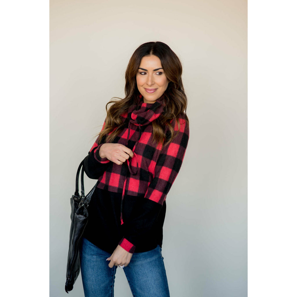 Solid Bottom Buffalo Check Cowl Neck - Betsey's Boutique Shop