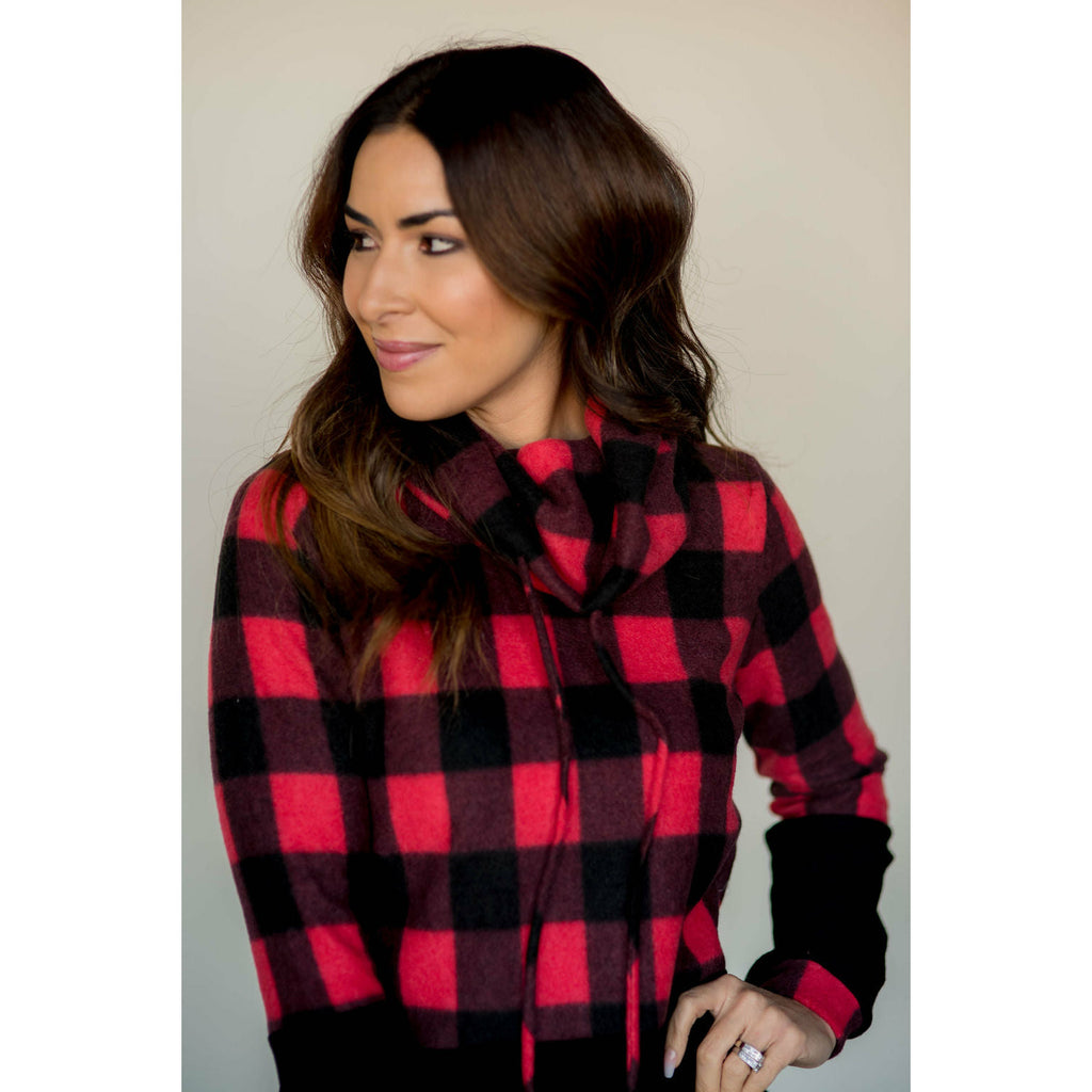 Solid Bottom Buffalo Check Cowl Neck - Betsey's Boutique Shop