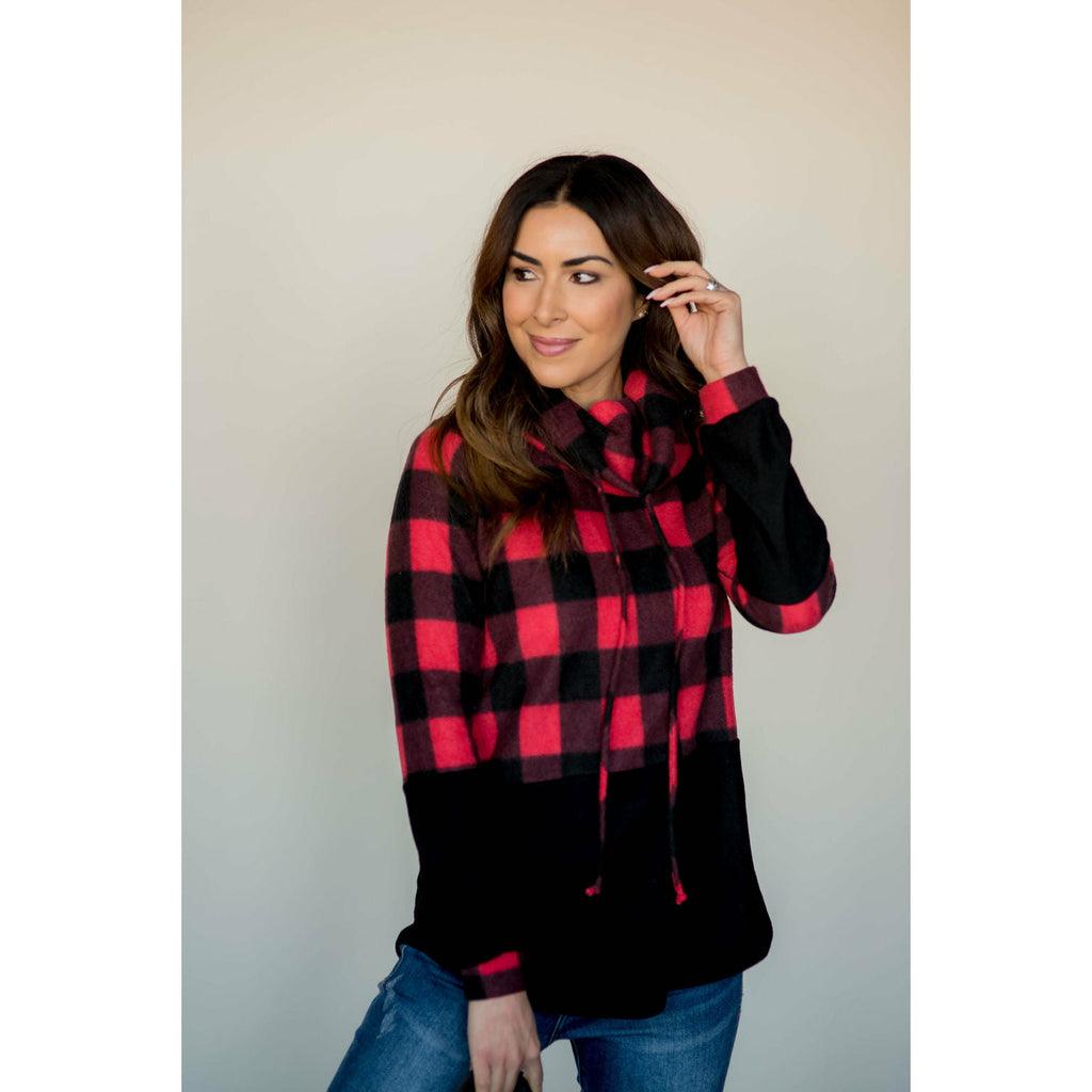 Solid Bottom Buffalo Check Cowl Neck - Betsey's Boutique Shop