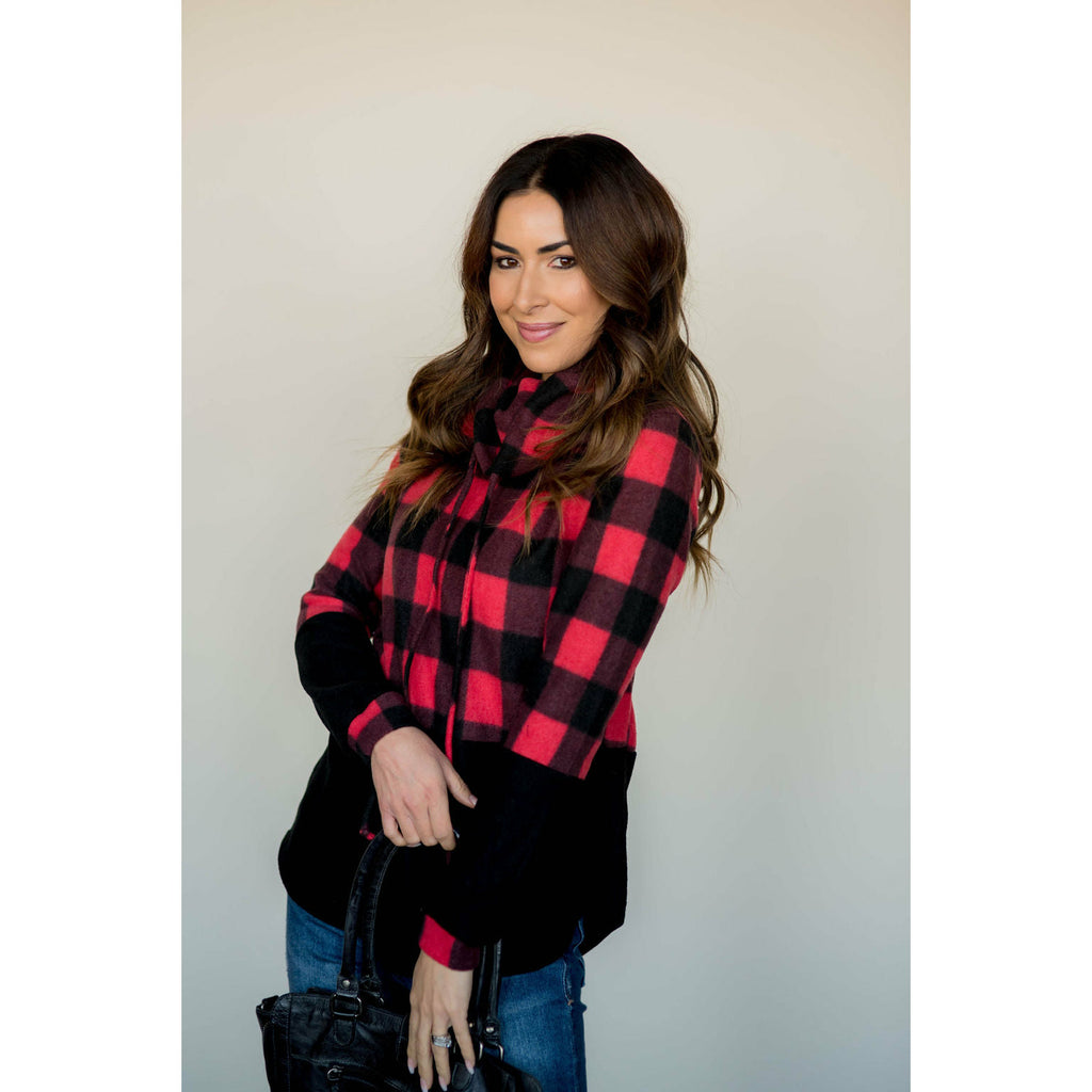 Solid Bottom Buffalo Check Cowl Neck - Betsey's Boutique Shop