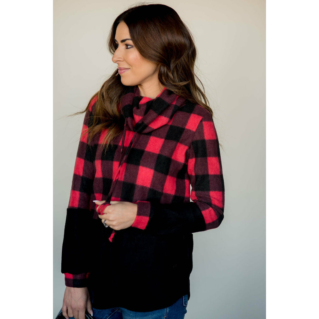 Solid Bottom Buffalo Check Cowl Neck - Betsey's Boutique Shop