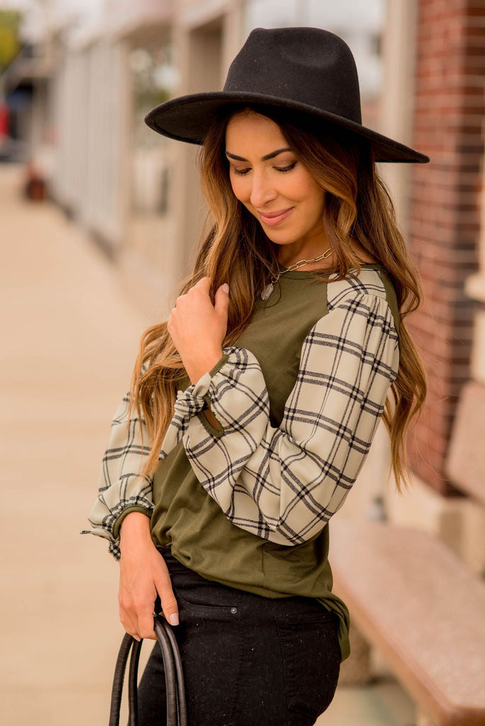 Grid Plaid Tie Sleeve Blouse - Betsey's Boutique Shop