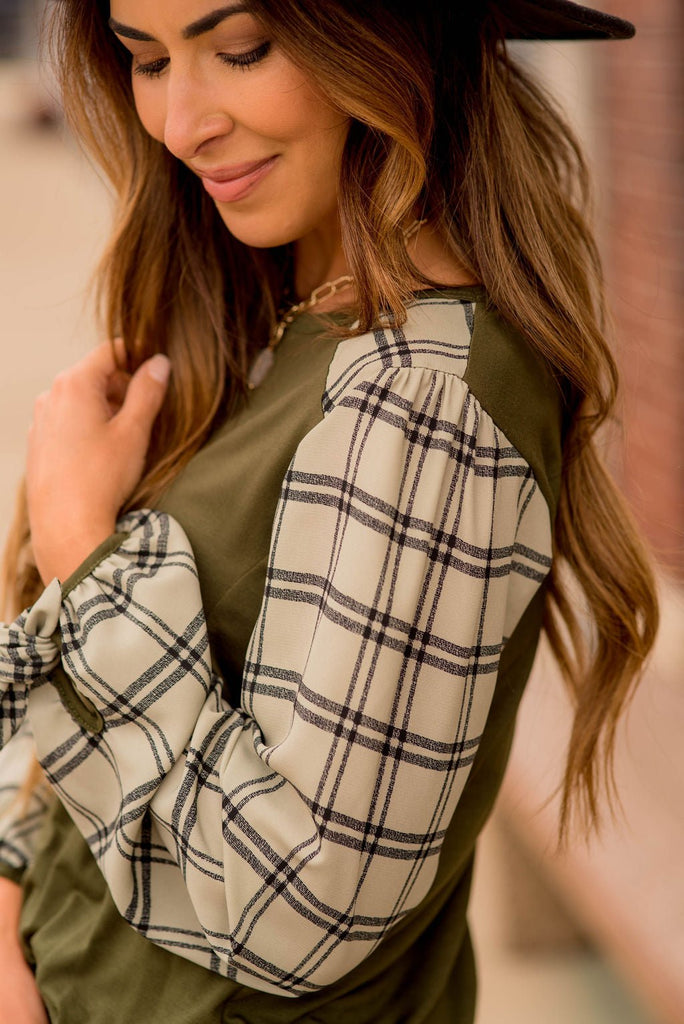 Grid Plaid Tie Sleeve Blouse - Betsey's Boutique Shop