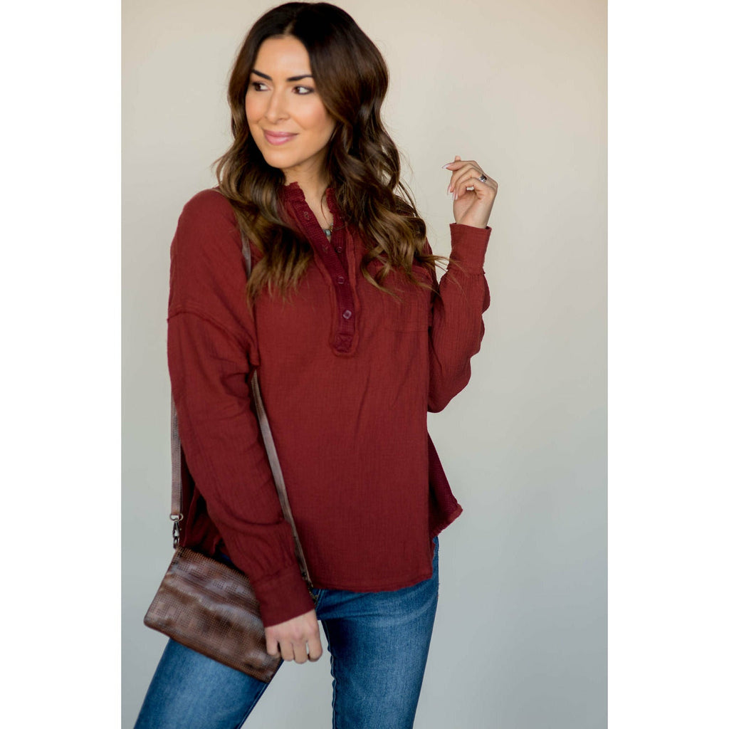 Thermal Trimmed Henley - Betsey's Boutique Shop - Shirts & Tops