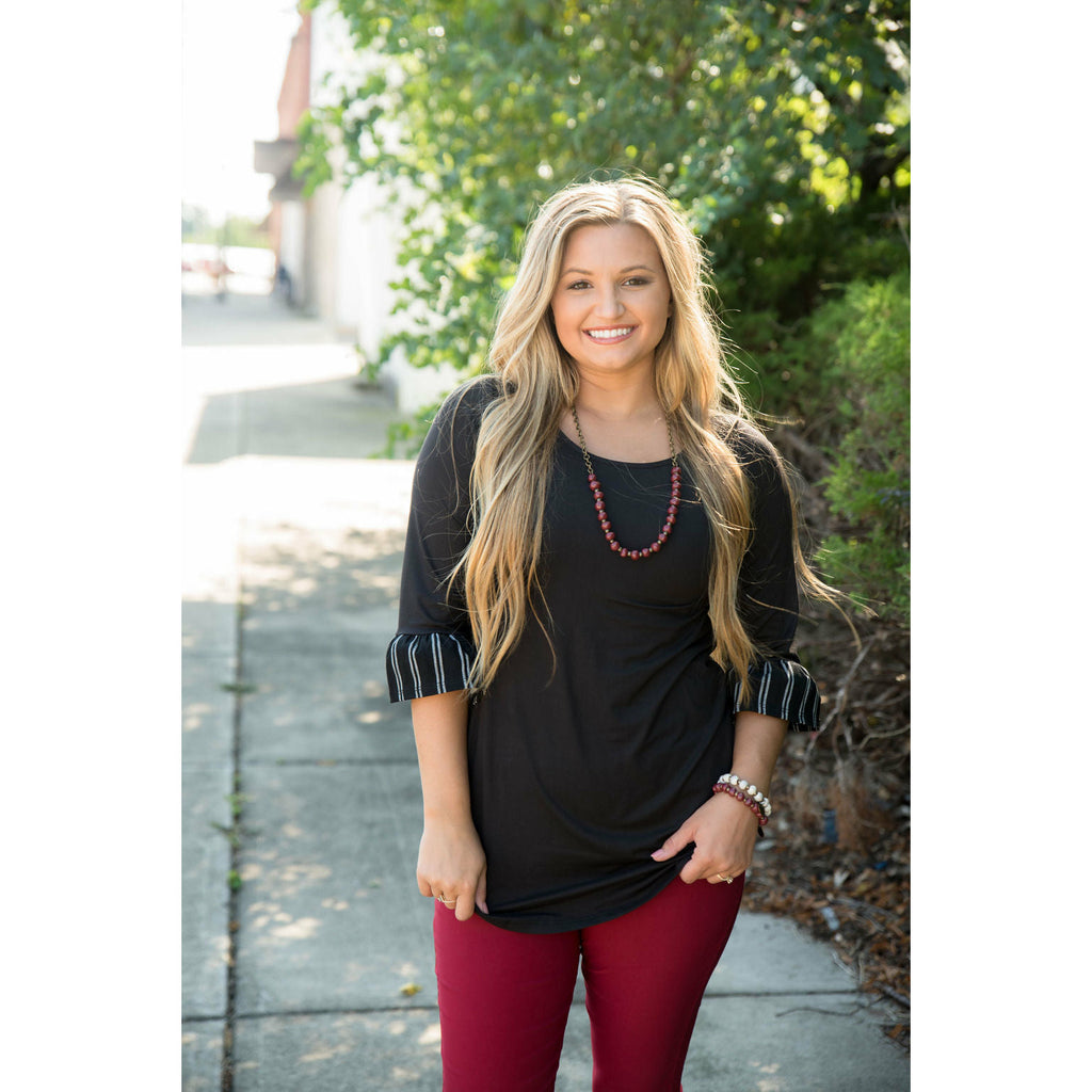 Black Striped Sleeved Flutter Tee - Betsey's Boutique Shop