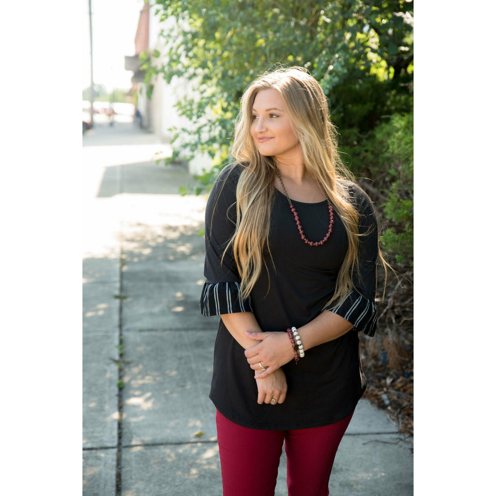 Black Striped Sleeved Flutter Tee - Betsey's Boutique Shop