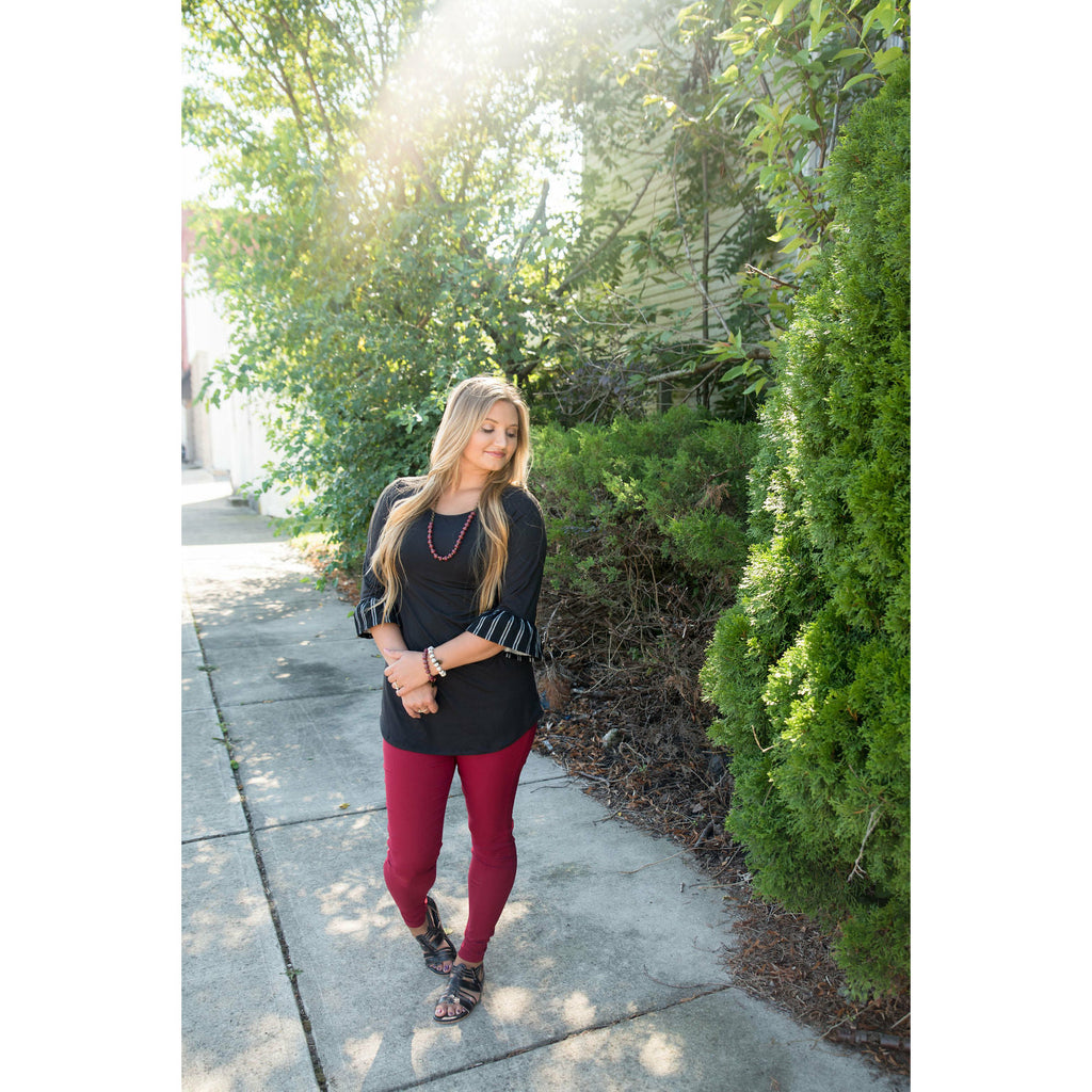 Black Striped Sleeved Flutter Tee - Betsey's Boutique Shop