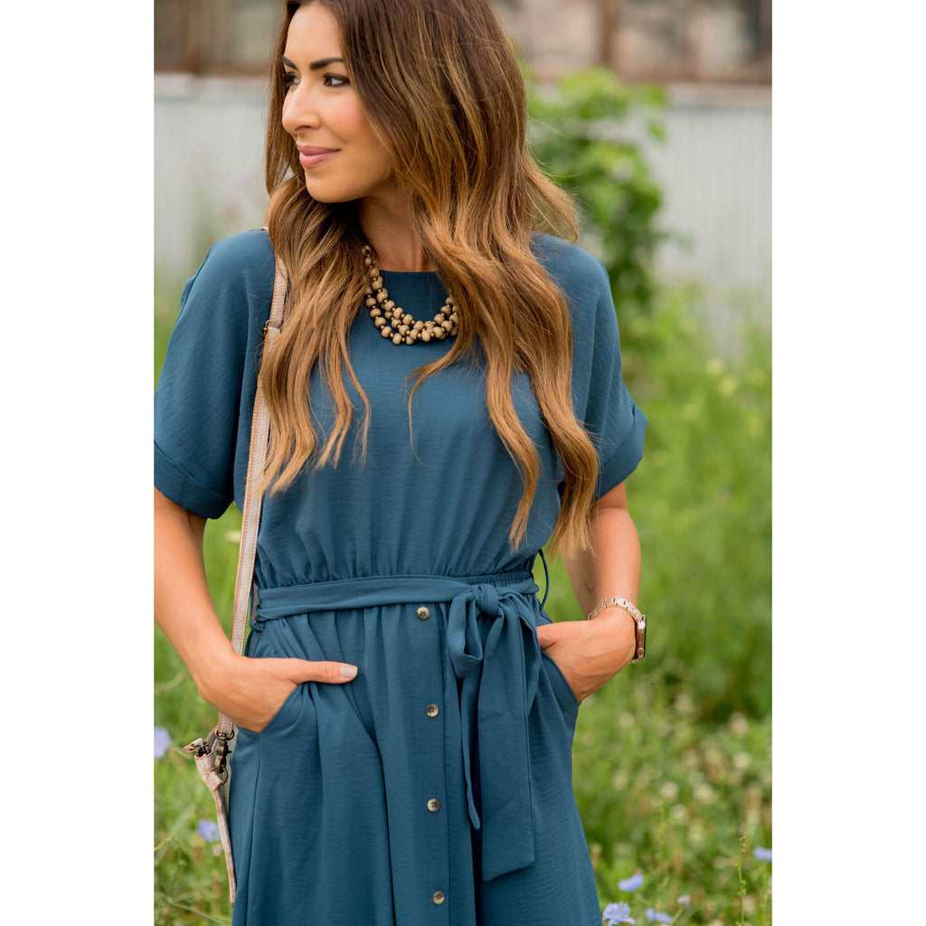 Cuffed Sleeve Tie Button Dress - Betsey's Boutique Shop