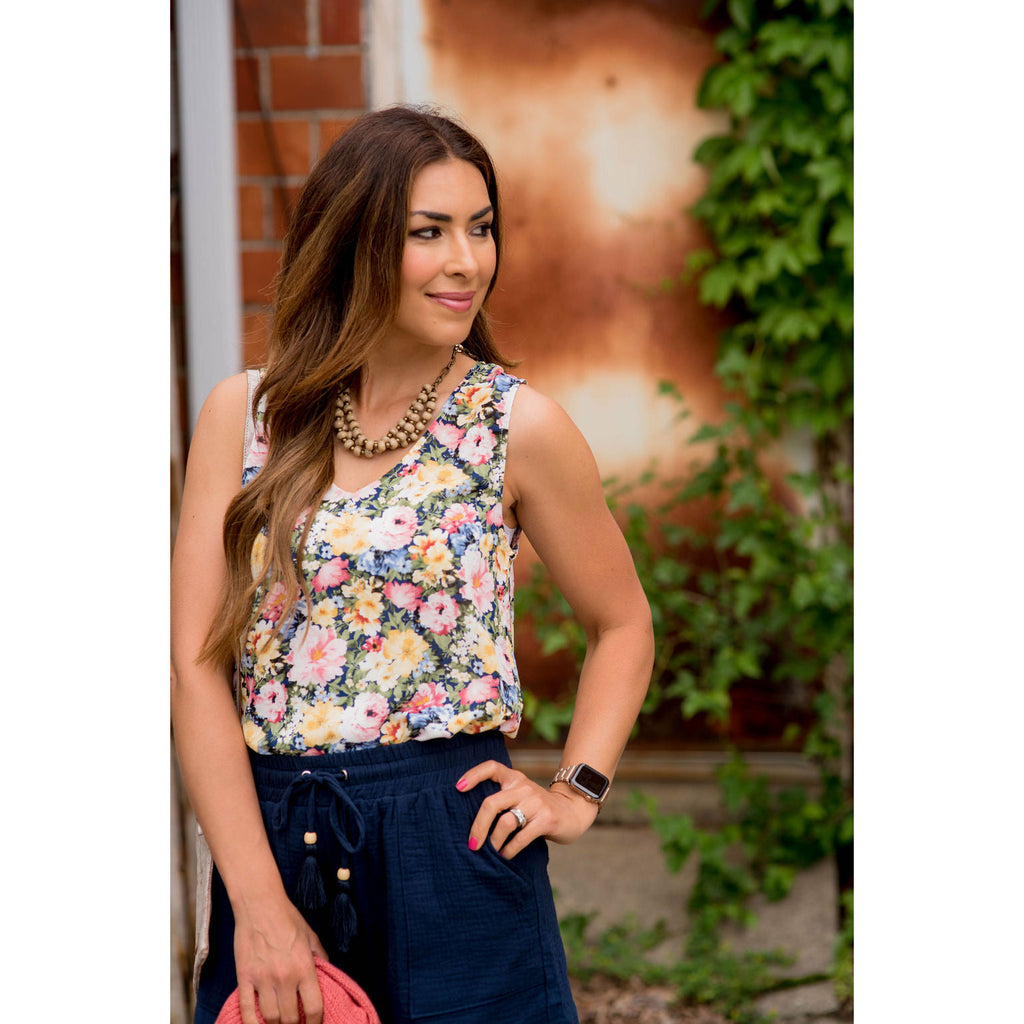 V-Neck Multi Floral Patterned Tank - Betsey's Boutique Shop