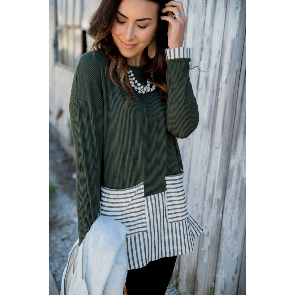 Texture Stripe Trimmed Blouse - Betsey's Boutique Shop - Shirts & Tops