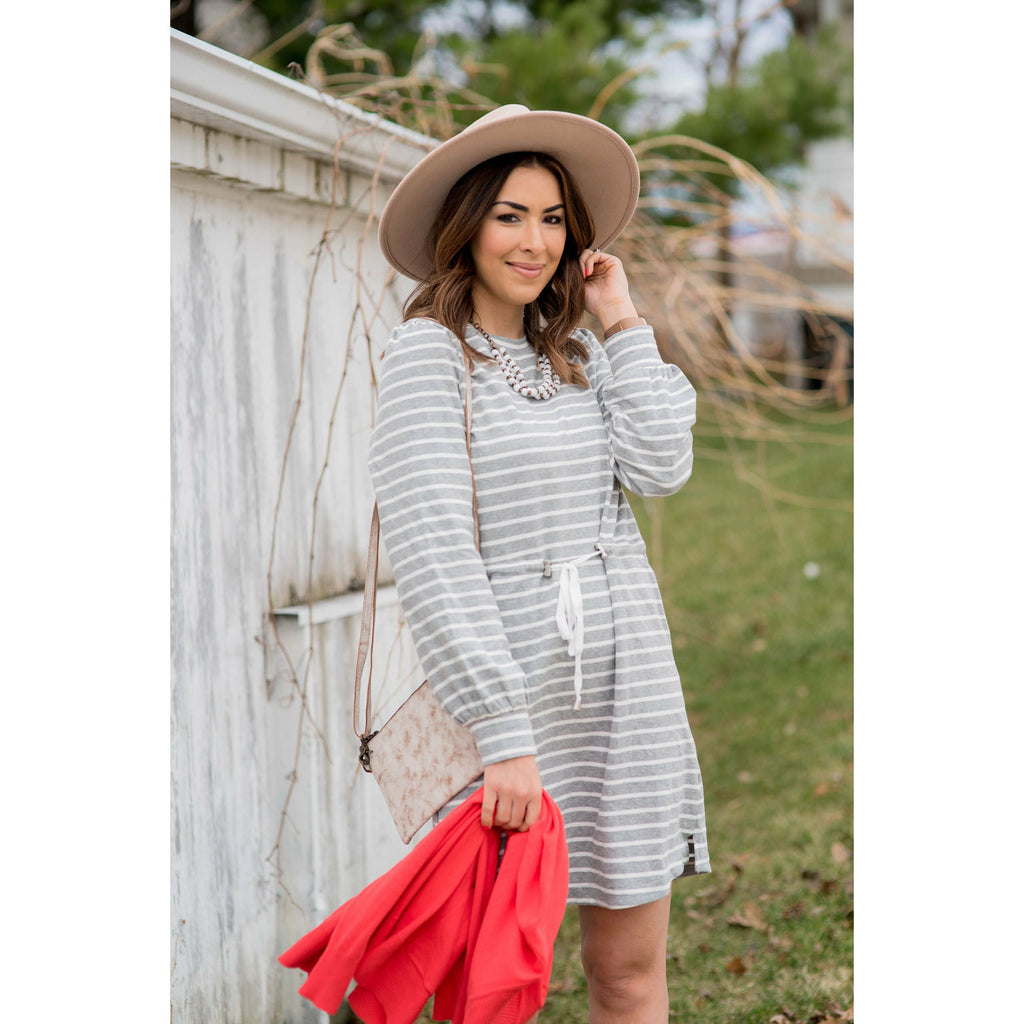 Stripe Tie Waist Pocket Sweatshirt Dress - Betsey's Boutique Shop - Dresses