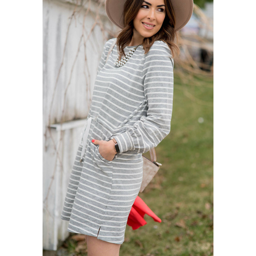 Stripe Tie Waist Pocket Sweatshirt Dress - Betsey's Boutique Shop - Dresses