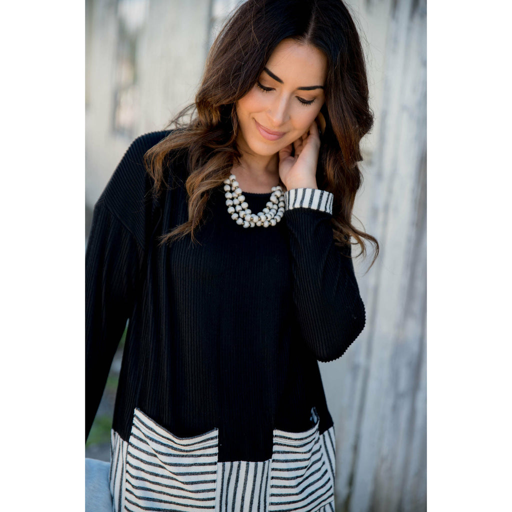 Texture Stripe Trimmed Blouse - Betsey's Boutique Shop - Shirts & Tops