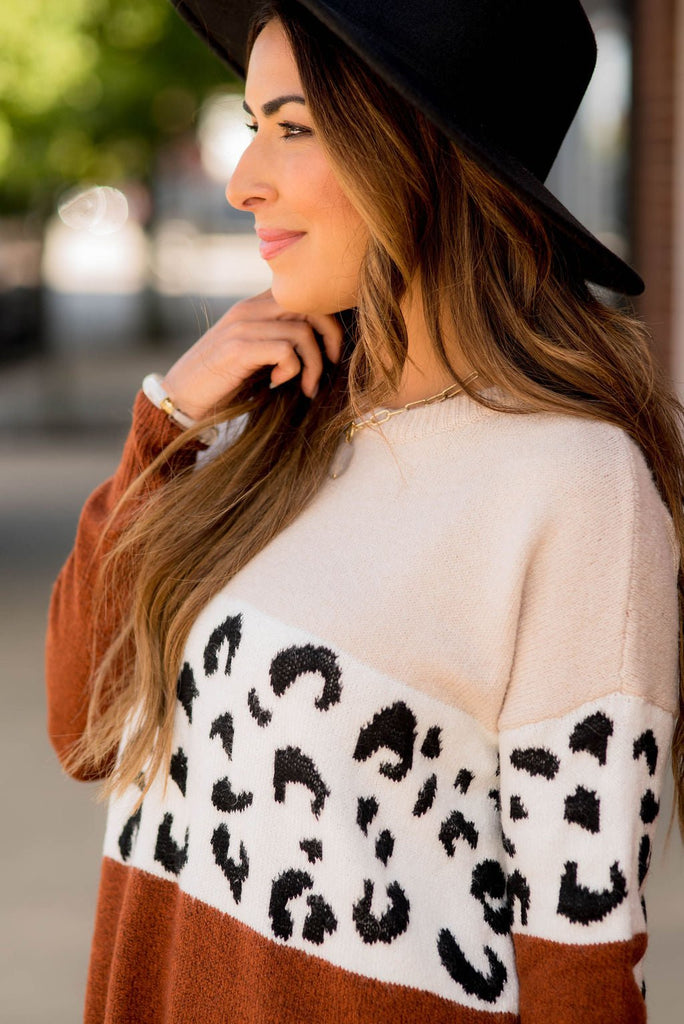 Ribbed Trim Leopard Block Sweater - Betsey's Boutique Shop - Outerwear