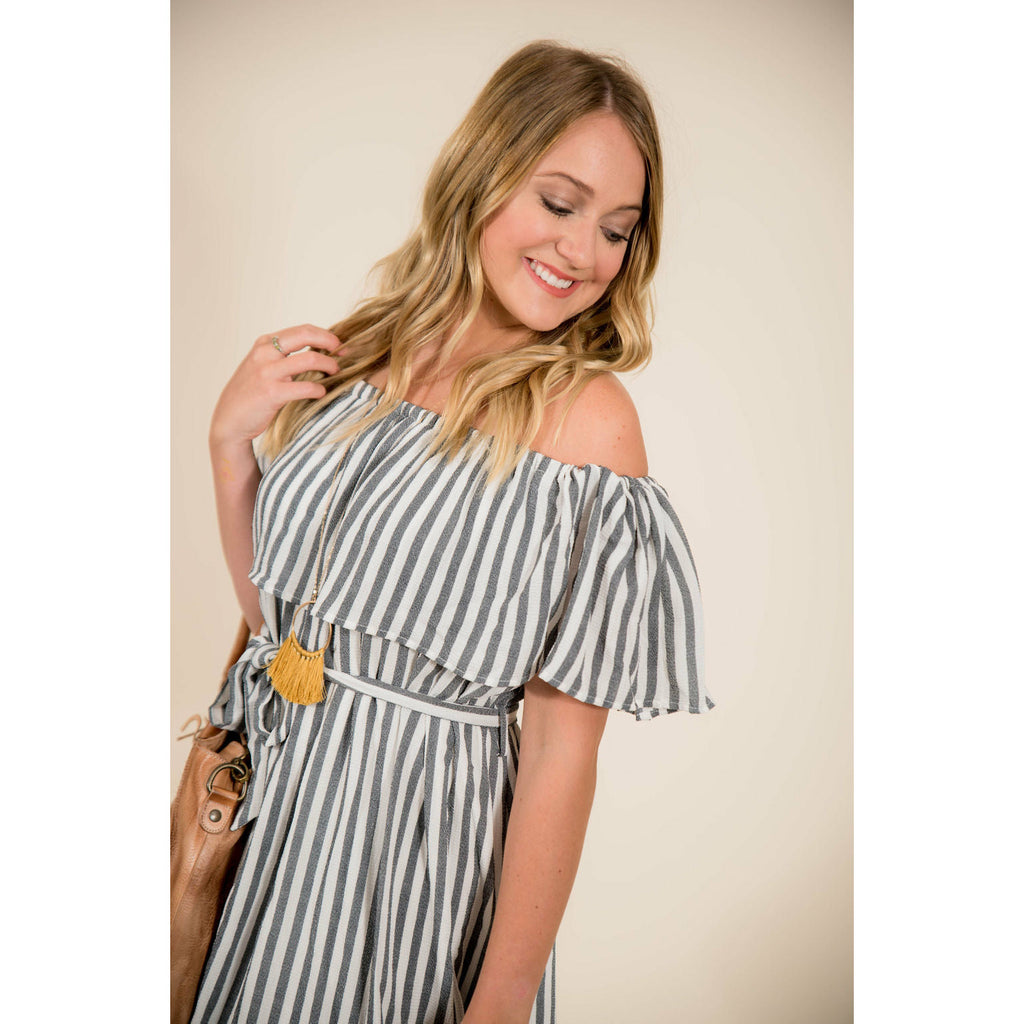 Striped Off the Shoulder Tie Dress - Betsey's Boutique Shop - Dresses