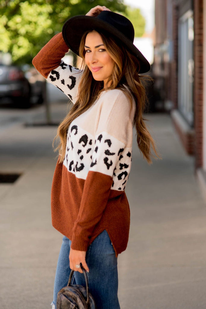 Ribbed Trim Leopard Block Sweater - Betsey's Boutique Shop - Outerwear