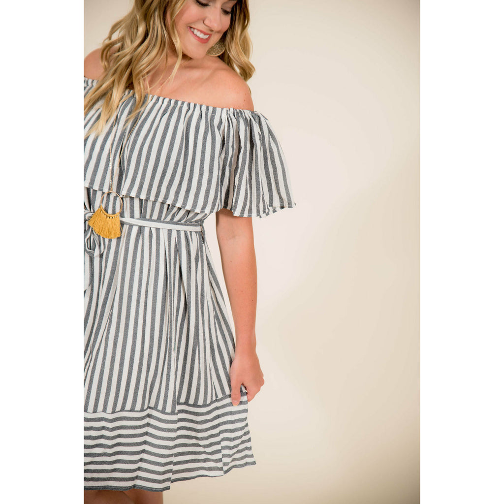 Striped Off the Shoulder Tie Dress - Betsey's Boutique Shop - Dresses