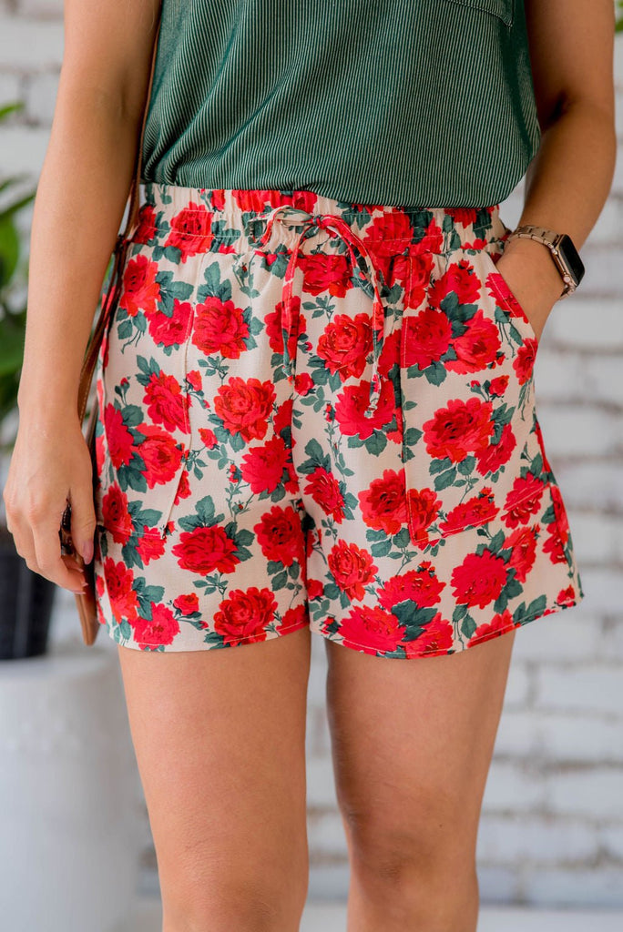 Peonies Drawstring Shorts - Betsey's Boutique Shop -