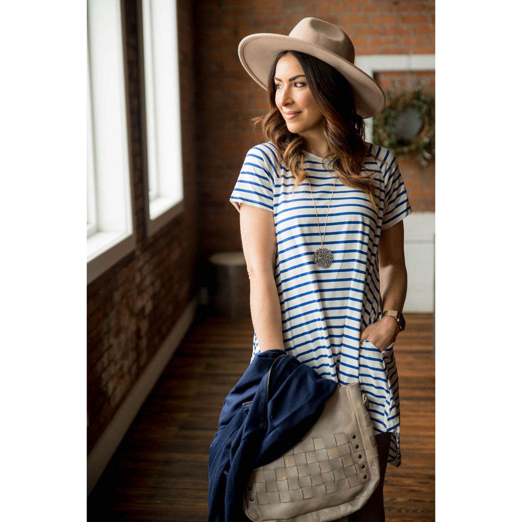 Blue Striped Tunic Pocket Dress - Betsey's Boutique Shop