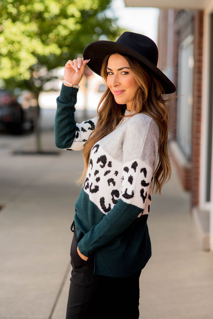 Ribbed Trim Leopard Block Sweater - Betsey's Boutique Shop - Outerwear