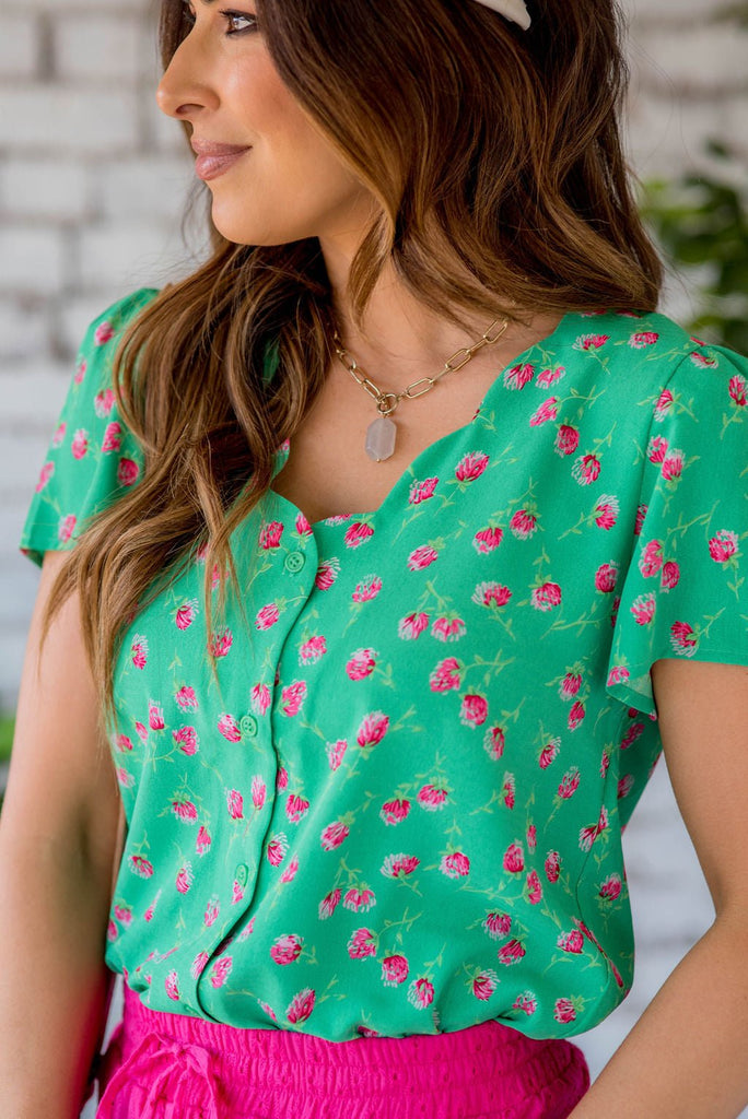 Floral Scalloped V-Neck Blouse - Betsey's Boutique Shop -