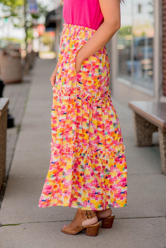 Watercolor Ruffled Maxi Skirt - Betsey's Boutique Shop -