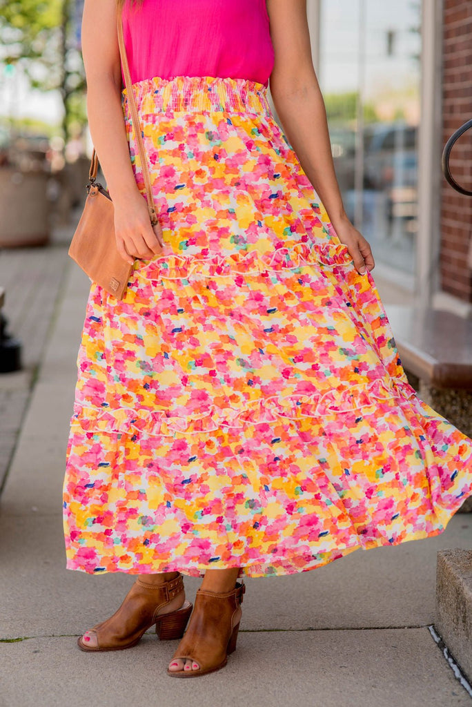 Watercolor Ruffled Maxi Skirt - Betsey's Boutique Shop -