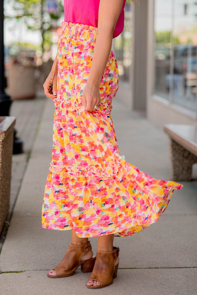 Watercolor Ruffled Maxi Skirt - Betsey's Boutique Shop -