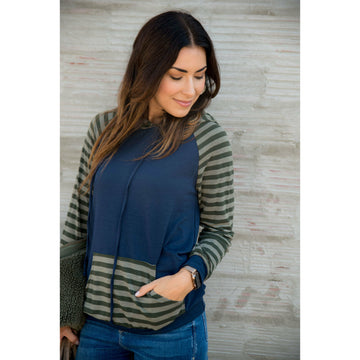 Striped Two Tone Sleeve/Pocket Hoodie - Betsey's Boutique Shop