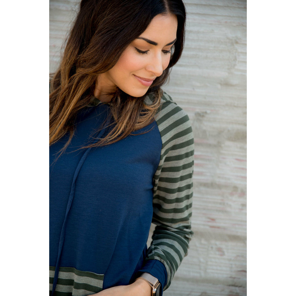 Striped Two Tone Sleeve/Pocket Hoodie - Betsey's Boutique Shop