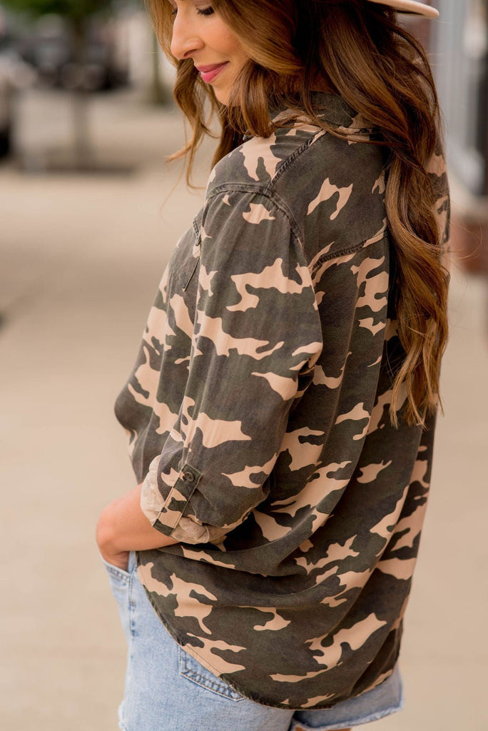 Tab Sleeve Camo Button Up - Betsey's Boutique Shop